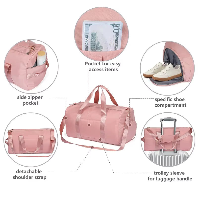 Custom Logo Waterproof Polyester Men Women Girls Travel Overnight Large Sport Gym Duffle Duffel Tote Bag with Shoe Compartment